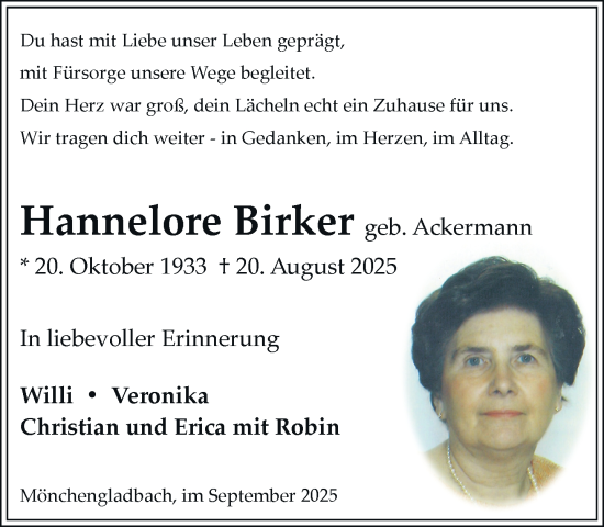 Traueranzeige von Hannelore Birker von trauer.panorama-anzeigenblatt.de