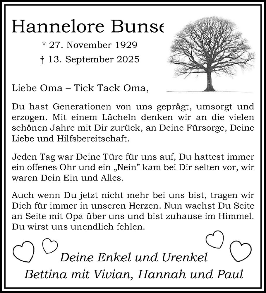  Traueranzeige für Hannelore Bunse vom 21.09.2025 aus trauer.panorama-anzeigenblatt.de