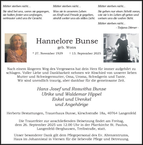 Traueranzeige von Hannelore Bunse von trauer.panorama-anzeigenblatt.de