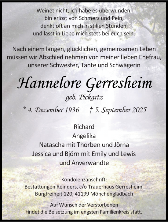 Traueranzeige von Hannelore Gerresheim von trauer.stadt-kurier.de