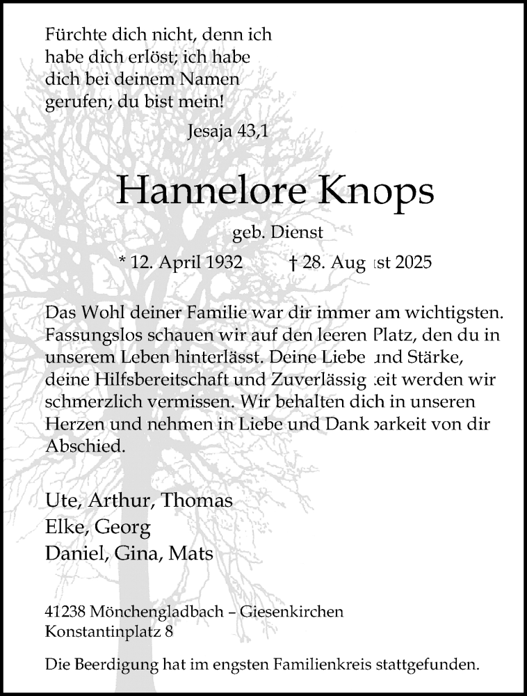  Traueranzeige für Hannelore Knops vom 21.09.2025 aus trauer.panorama-anzeigenblatt.de