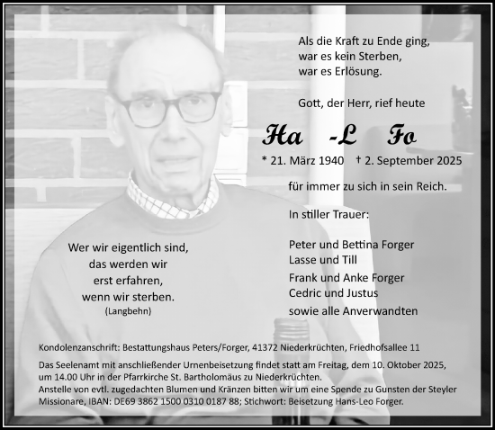 Traueranzeige von Hans-Leo Forger von trauer.panorama-anzeigenblatt.de
