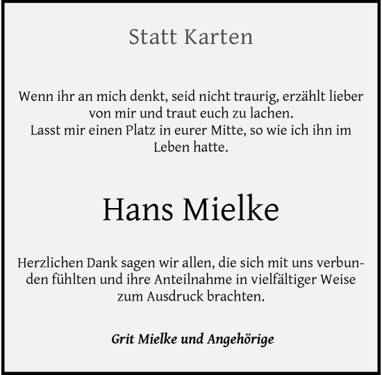 Traueranzeige von Hans Mielke von Rheinisch-Bergische Anzeigenblatt