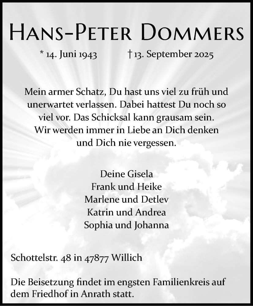  Traueranzeige für Hans-Peter Dommers vom 28.09.2025 aus trauer.panorama-anzeigenblatt.de