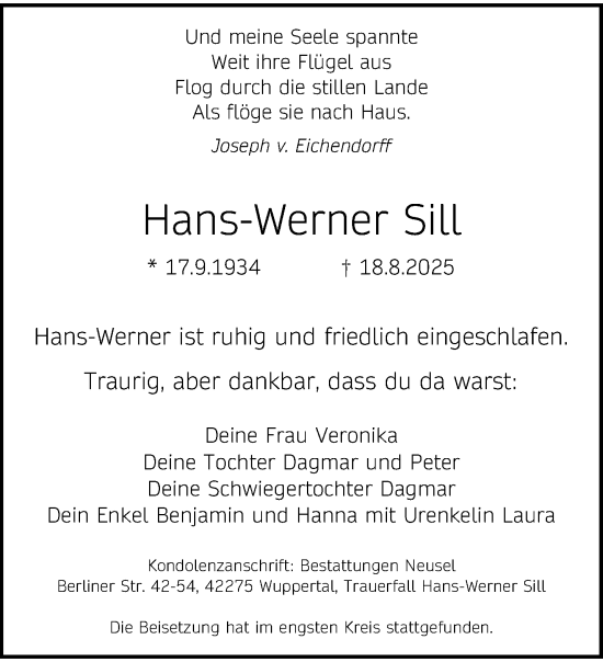 Traueranzeige von Hans-Werner Sill von trauer.wuppertaler-rundschau.de