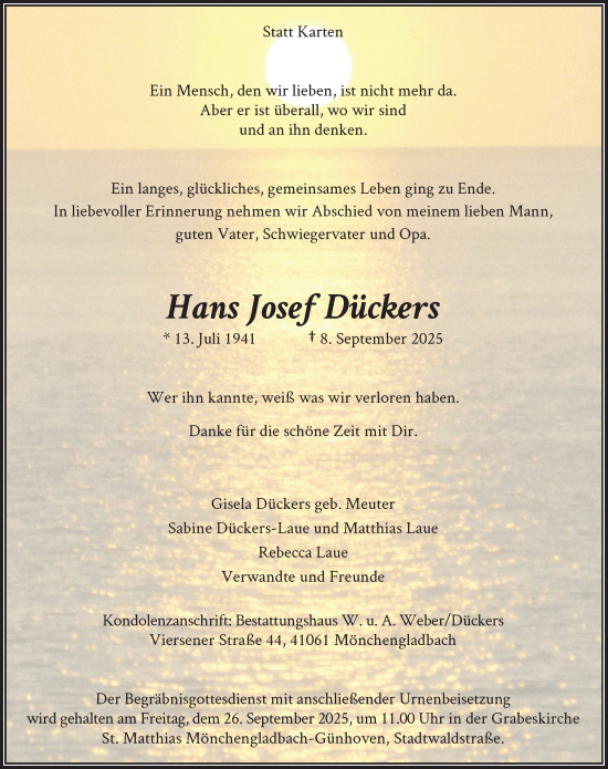 Traueranzeige von Hans Josef Dückers von trauer.panorama-anzeigenblatt.de