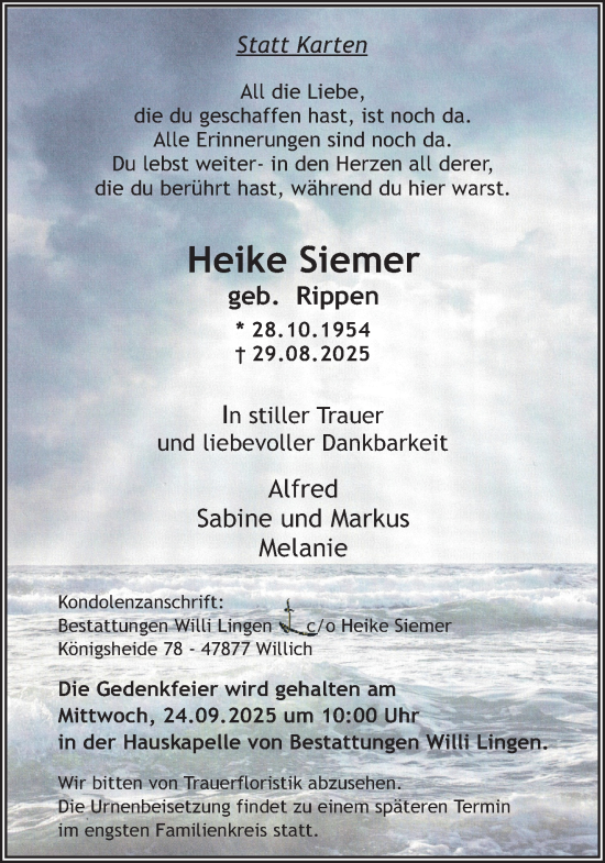 Traueranzeige von Heike Siemer von Rheinisch-Bergische Anzeigenblatt
