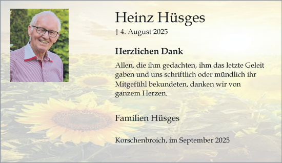 Traueranzeige von Heinz Hüsges von trauer.panorama-anzeigenblatt.de