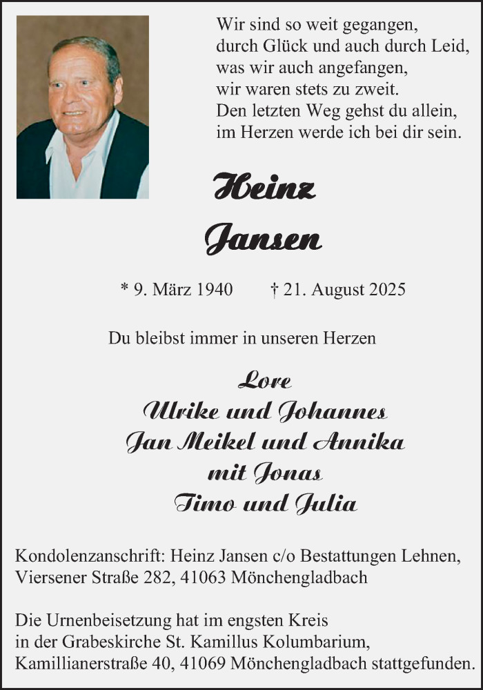  Traueranzeige für Heinz Jansen vom 07.09.2025 aus Rheinisch-Bergische Anzeigenblatt
