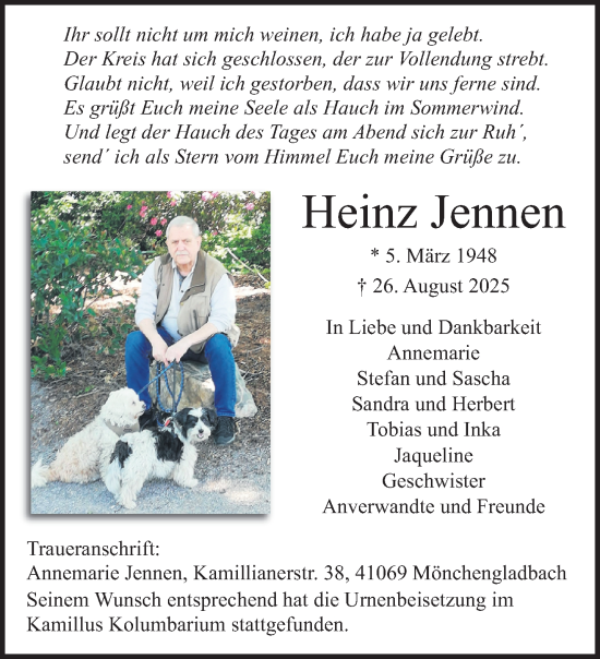 Traueranzeige von Heinz Jennen von Rheinisch-Bergische Anzeigenblatt