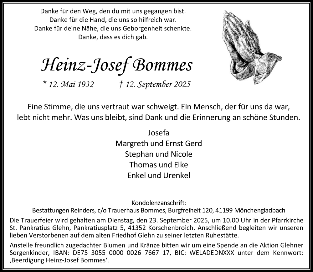  Traueranzeige für Heinz-Josef Bommes vom 21.09.2025 aus trauer.panorama-anzeigenblatt.de