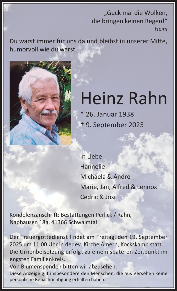  Traueranzeige für Heinz Rahn vom 14.09.2025 aus trauer.panorama-anzeigenblatt.de