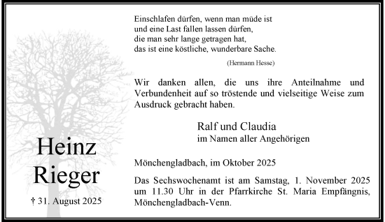 Traueranzeige von Heinz Rieger von trauer.panorama-anzeigenblatt.de