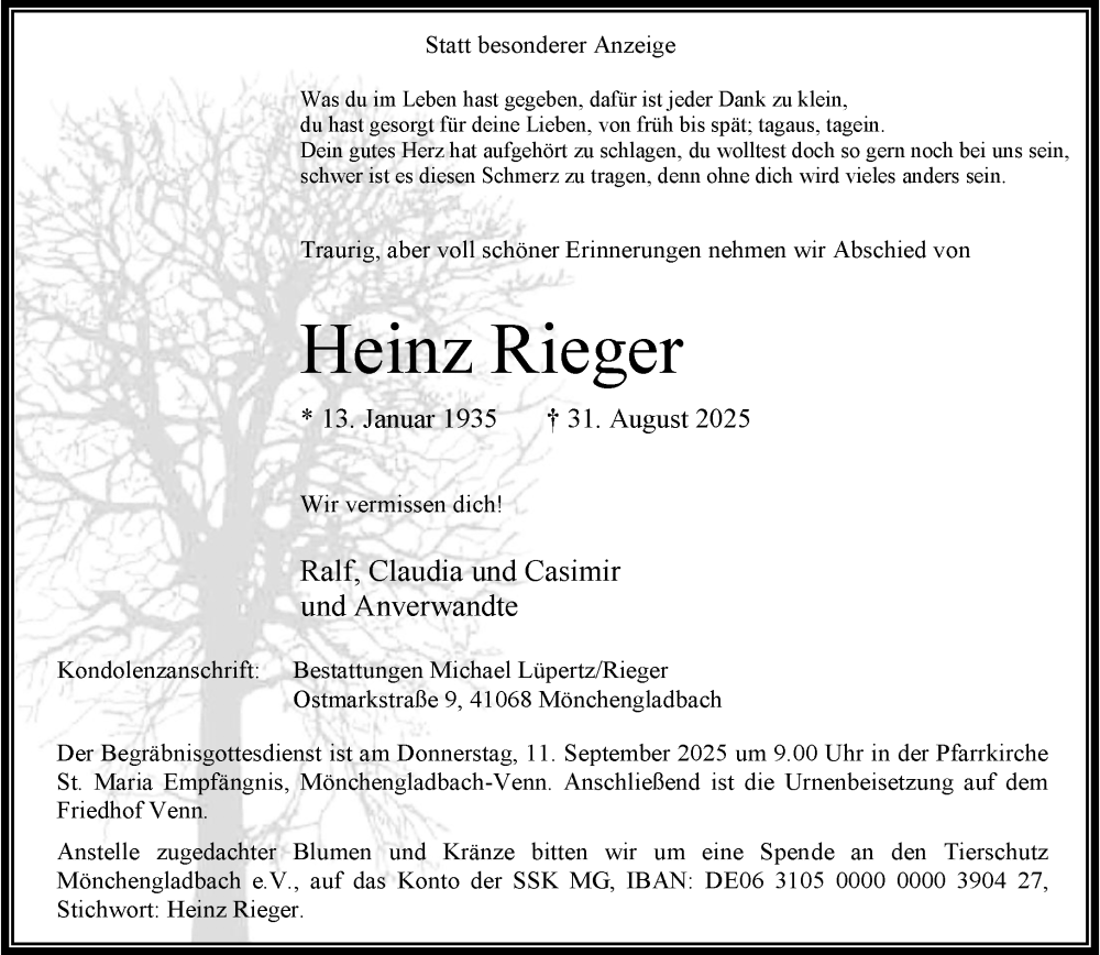  Traueranzeige für Heinz Rieger vom 07.09.2025 aus Rheinisch-Bergische Anzeigenblatt