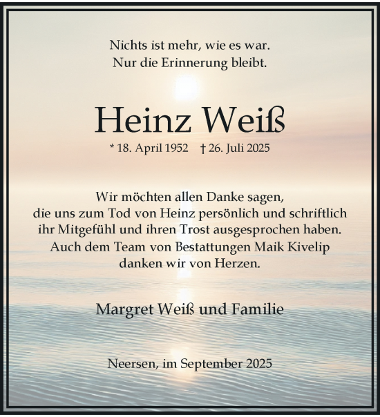 Traueranzeige von Heinz Weiß von Rheinisch-Bergische Anzeigenblatt