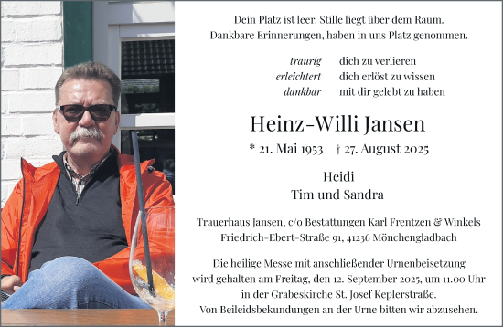 Traueranzeige von Heinz-Willi Jansen von Rheinisch-Bergische Anzeigenblatt