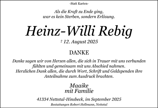 Traueranzeige von Heinz-Willi Rebig von trauer.panorama-anzeigenblatt.de