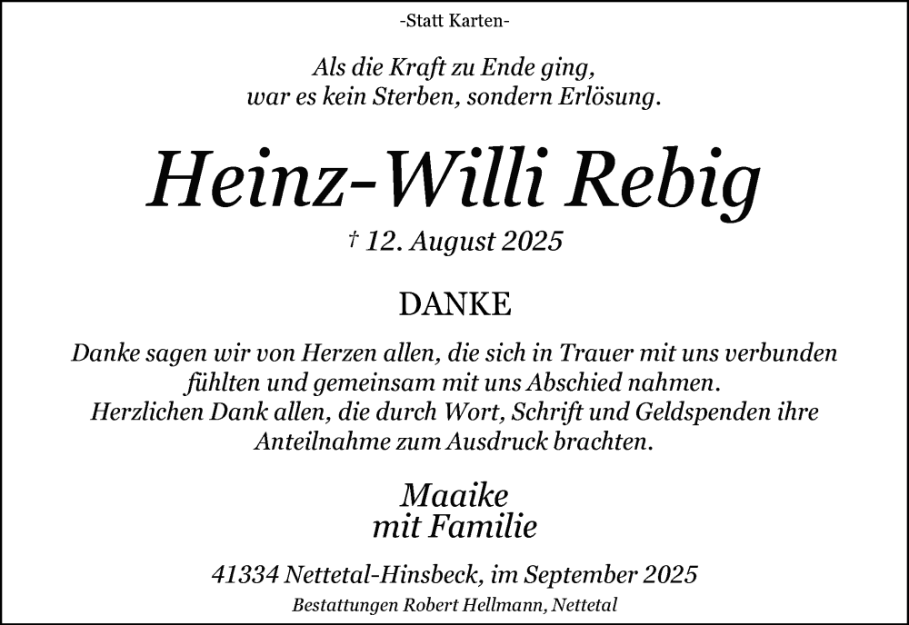  Traueranzeige für Heinz-Willi Rebig vom 14.09.2025 aus trauer.panorama-anzeigenblatt.de