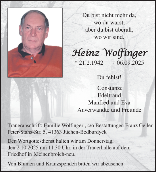 Traueranzeige von Heinz Wolfinger von trauer.panorama-anzeigenblatt.de