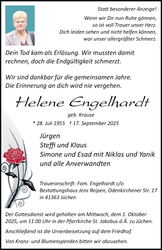 Traueranzeige von Helene Engelhardt von trauer.stadt-kurier.de
