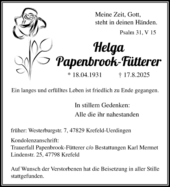 Traueranzeige von Helga Papenbrook-Fütterer von trauer.panorama-anzeigenblatt.de