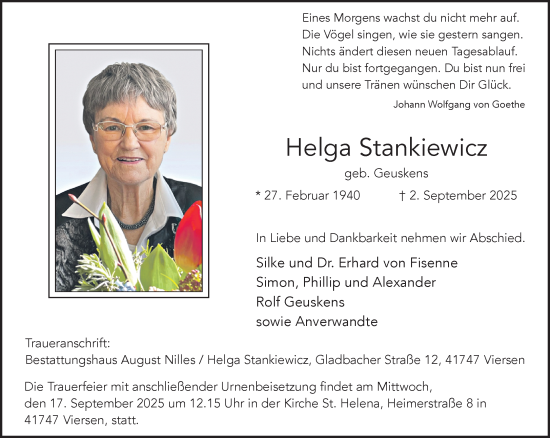 Traueranzeige von Helga Stankiewicz von trauer.panorama-anzeigenblatt.de