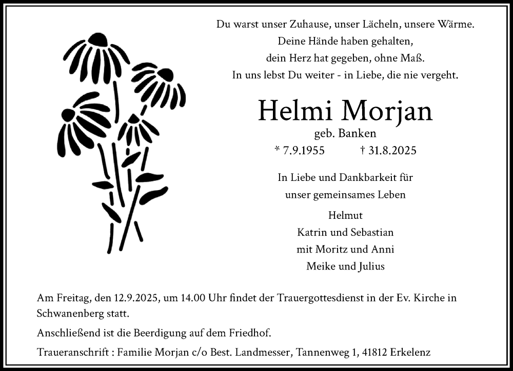  Traueranzeige für Helmi Morjan vom 07.09.2025 aus Rheinisch-Bergische Anzeigenblatt