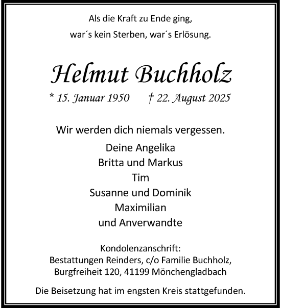 Traueranzeige von Helmut Buchholz von trauer.panorama-anzeigenblatt.de