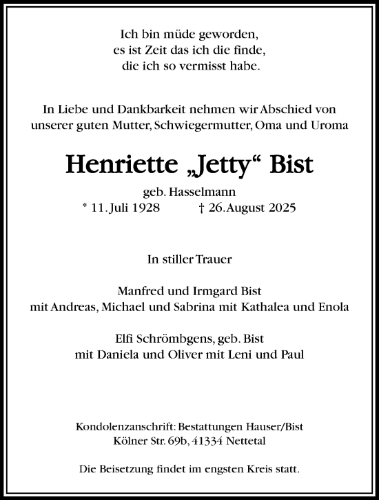 Traueranzeige von Henriette Bist von Rheinisch-Bergische Anzeigenblatt