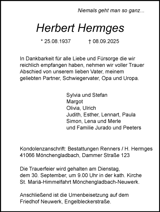Traueranzeige von Herbert Hermges von trauer.panorama-anzeigenblatt.de