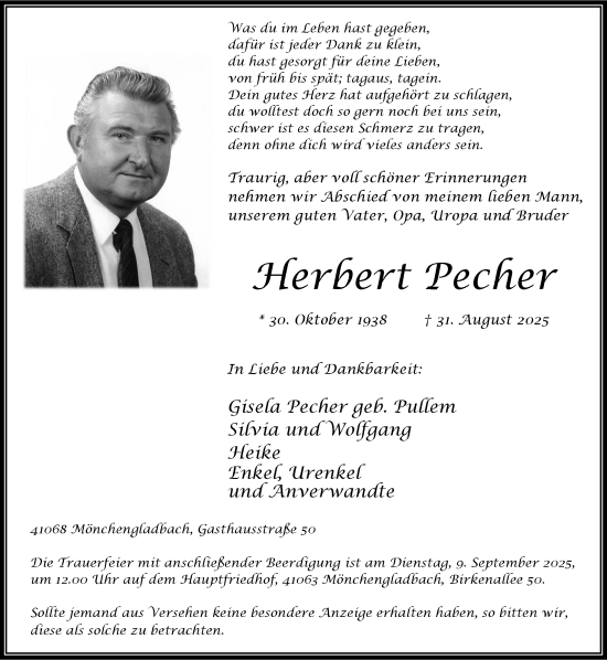 Traueranzeige von Herbert Pecher von Rheinisch-Bergische Anzeigenblatt