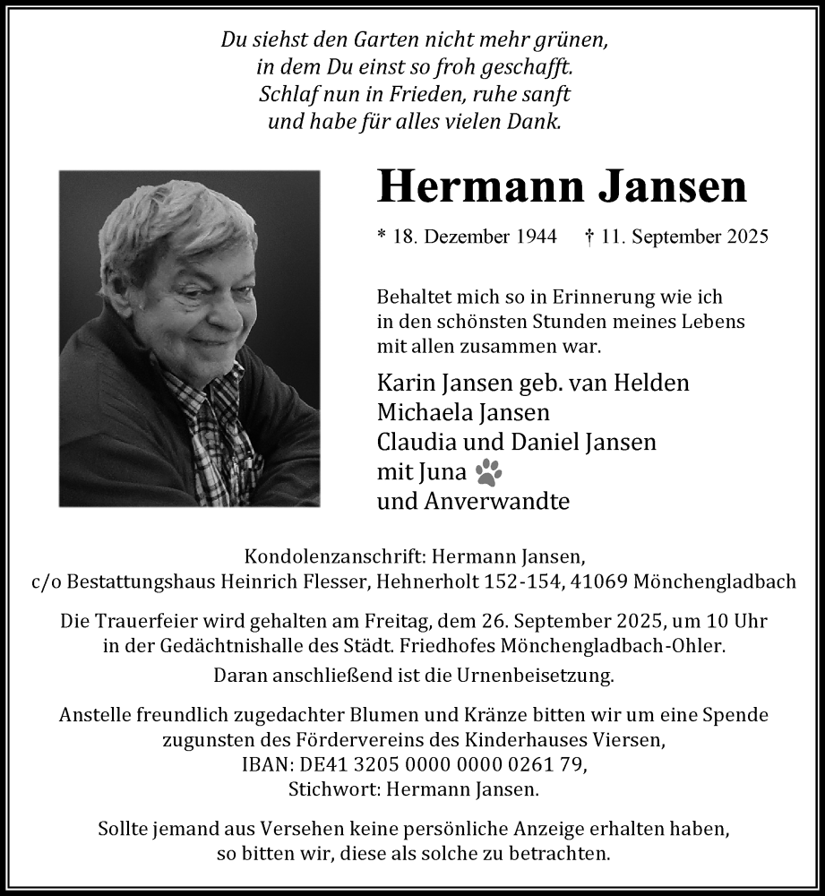  Traueranzeige für Hermann Jansen vom 21.09.2025 aus trauer.panorama-anzeigenblatt.de