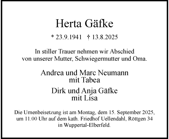 Traueranzeige von Herta Gäfke von trauer.wuppertaler-rundschau.de