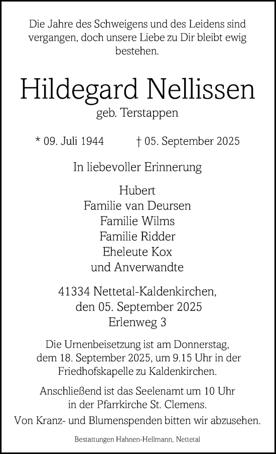 Traueranzeige von Hildegard Nellissen von trauer.panorama-anzeigenblatt.de