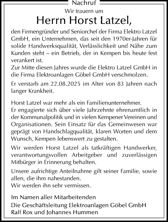 Traueranzeige von Horst Latzel von Rheinisch-Bergische Anzeigenblatt