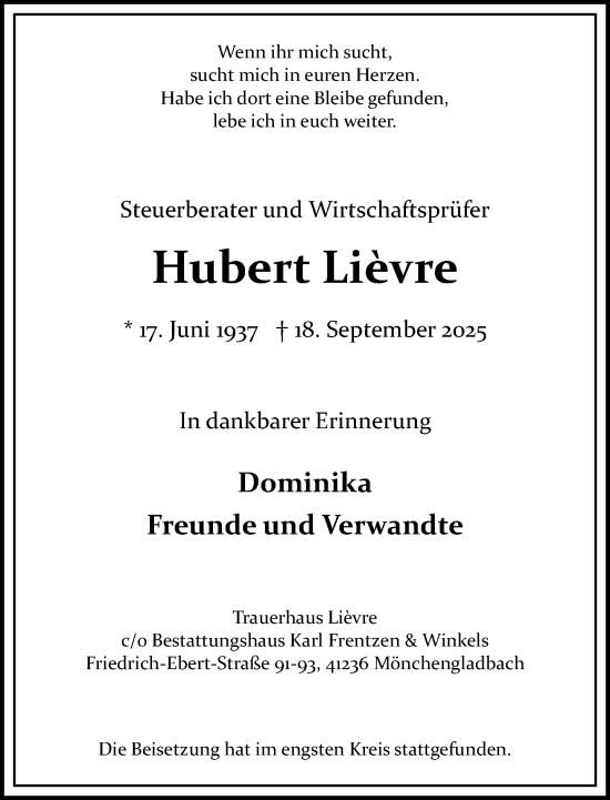 Traueranzeige von Hubert Liévre von trauer.panorama-anzeigenblatt.de