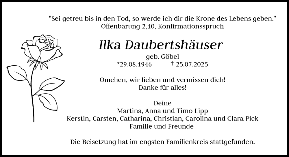  Traueranzeige für Ilka Daubertshäuser vom 06.09.2025 aus trauer.wuppertaler-rundschau.de