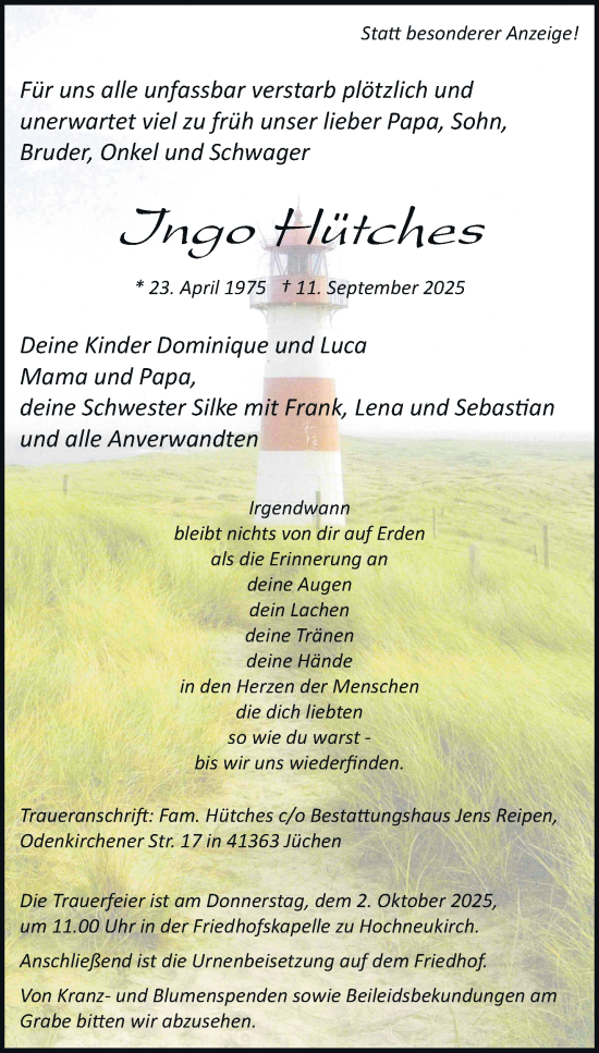 Traueranzeige von Ingo Hütches von trauer.stadt-kurier.de