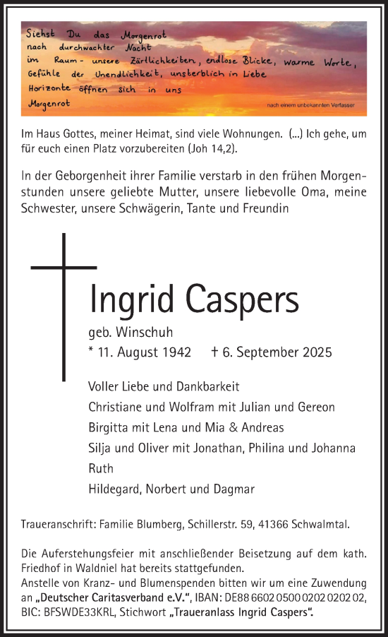 Traueranzeige von Ingrid Caspers von trauer.panorama-anzeigenblatt.de
