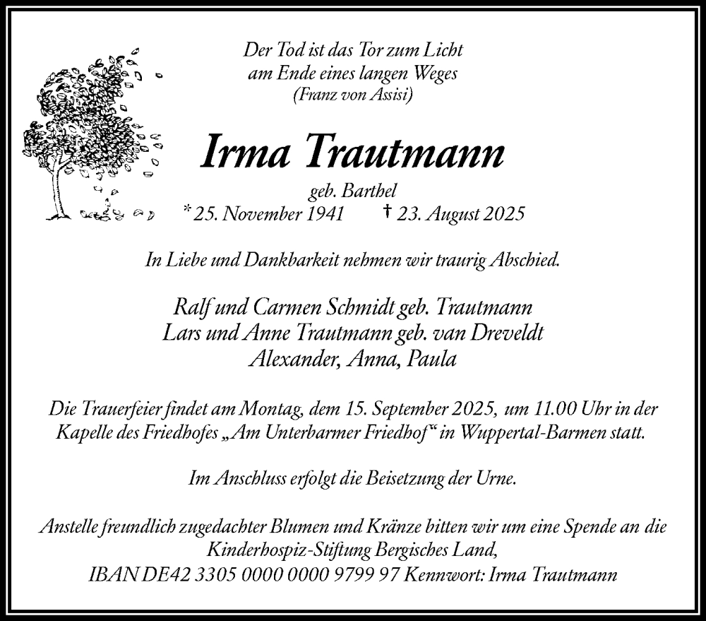  Traueranzeige für Irma Trautmann vom 06.09.2025 aus trauer.wuppertaler-rundschau.de