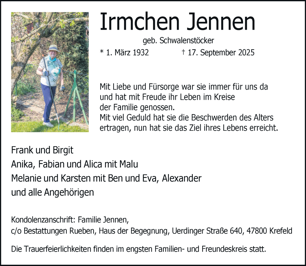  Traueranzeige für Irmchen Jennen vom 21.09.2025 aus trauer.panorama-anzeigenblatt.de
