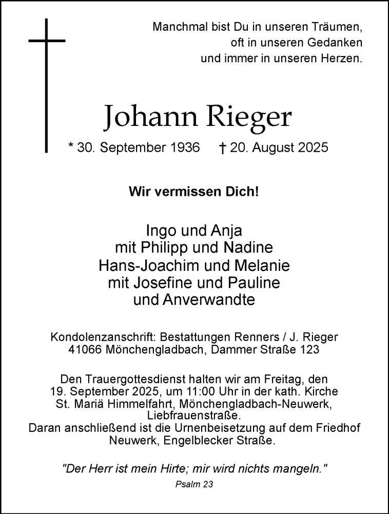  Traueranzeige für Johann Rieger vom 07.09.2025 aus Rheinisch-Bergische Anzeigenblatt