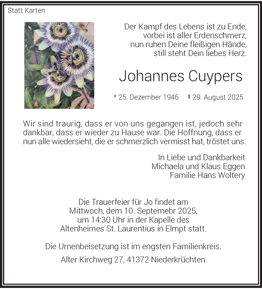 Traueranzeige für Johannes Cuypers vom 07.09.2025 aus Rheinisch-Bergische Anzeigenblatt
