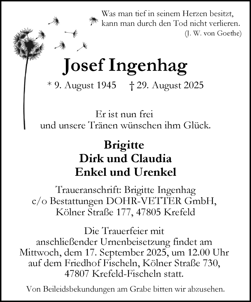  Traueranzeige für Josef Ingenhag vom 07.09.2025 aus Rheinisch-Bergische Anzeigenblatt