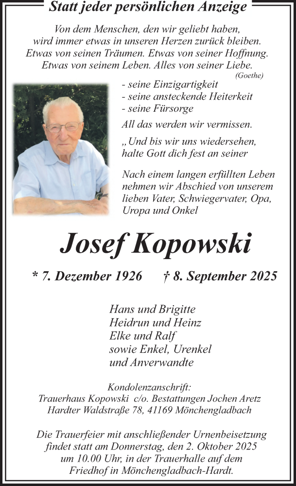  Traueranzeige für Josef Kopowski vom 21.09.2025 aus trauer.panorama-anzeigenblatt.de