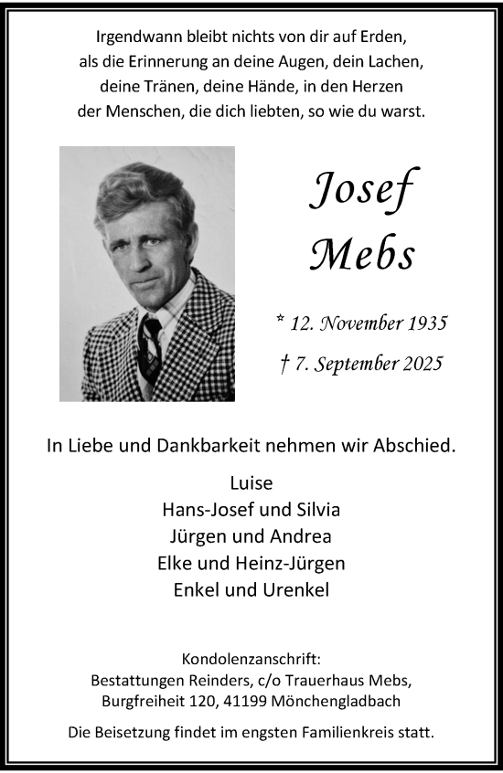 Traueranzeige von Josef Mebs von trauer.stadt-kurier.de