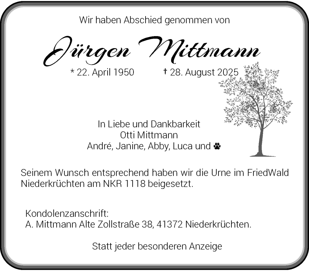  Traueranzeige für Jürgen Mittmann vom 14.09.2025 aus trauer.panorama-anzeigenblatt.de