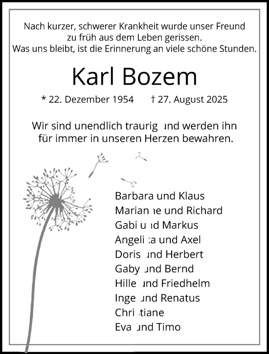 Traueranzeige von Karl Bozem von Rheinisch-Bergische Anzeigenblatt