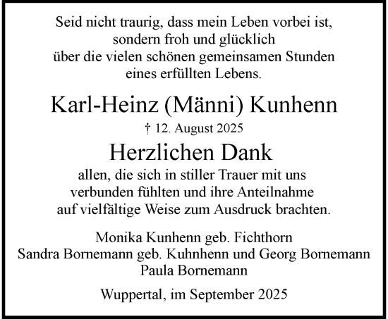 Traueranzeige von Karl-Heinz Kunhenn von trauer.wuppertaler-rundschau.de