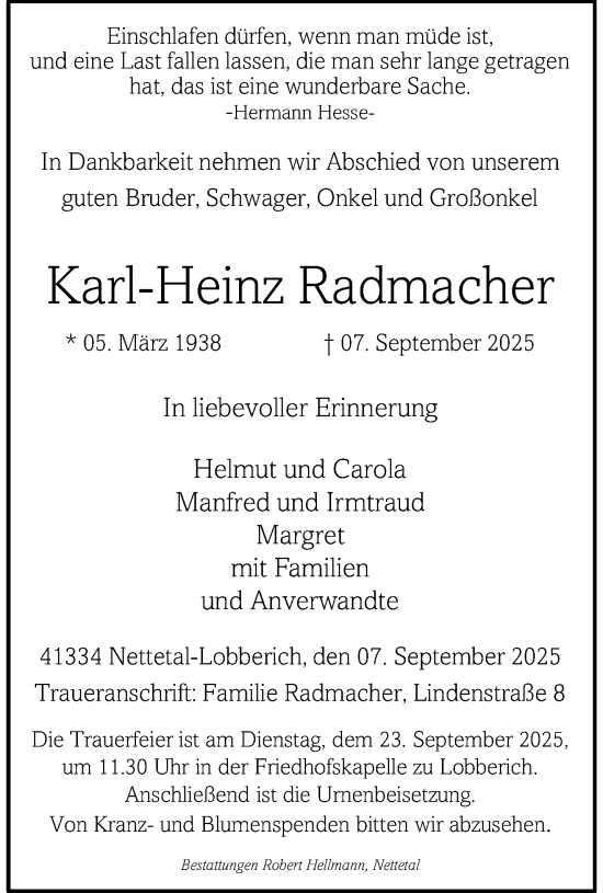 Traueranzeige von Karl-Heinz Radmacher von trauer.panorama-anzeigenblatt.de